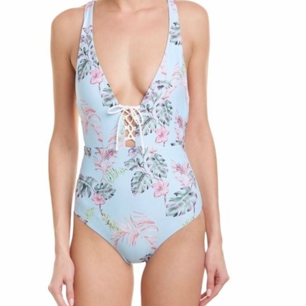 Onia Iona One Piece Swimsuit Monstera Sky Blue, Size S, M NWT